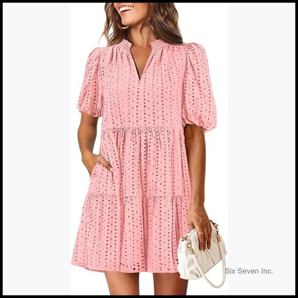 Dresses & Skirts - Eyelet Summer Mini Dress with Hollow Out Detail Short Sleeve V Neck